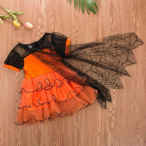 TALLA 2/3 NIÑAS PEQUEÑAS HALLOWEEN TELA DE ARAÑA VESTIDO NARANJA/NEGRO CON CAPA - Imagen 3 de 3