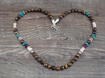 Native American Sterling Silver & Tiger Eye 18'' Gemstone Necklace by Singer