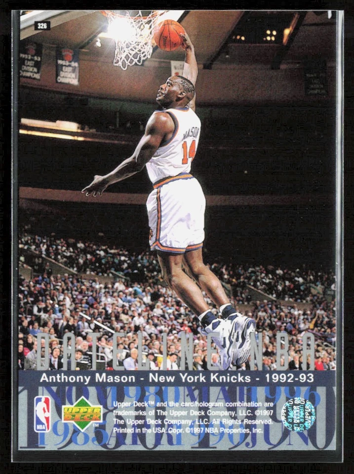 1996-97 Upper Deck Anthony Mason Charlotte Hornets #326 - Image 2 of 2