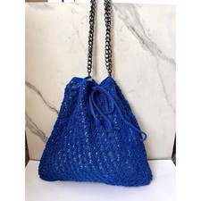 Blue Bucket Drawstring Shoulder Bag Silver Ch...