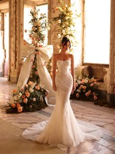 Pleated Shiny Full Lace Wedding Dress Mermaid Bridal Gown Romantic Strapless