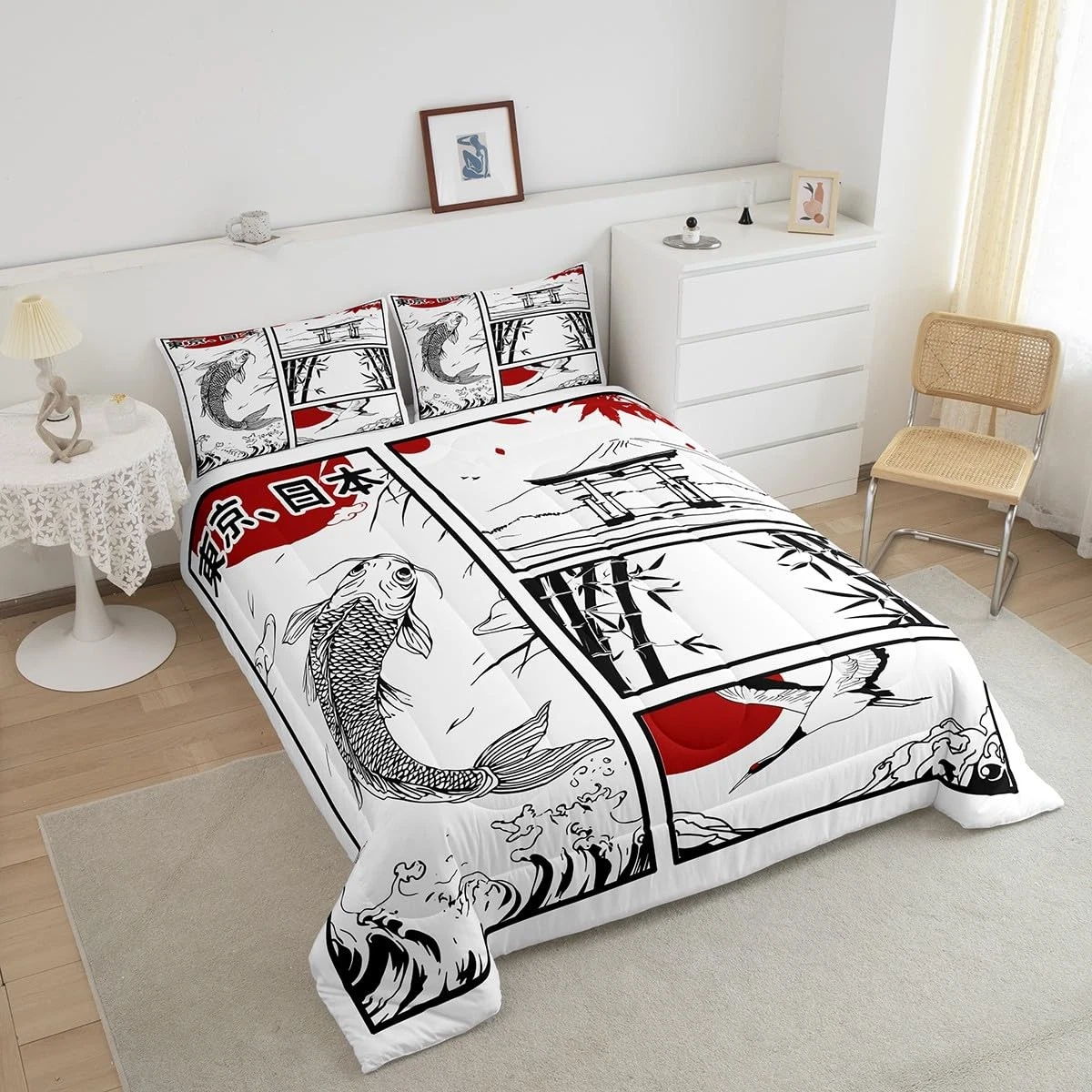 Koi Fish Twin Bedding Set with Japanese Wave and Crane Design