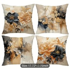 4 Floral Cloth Pillow Covers 18x18 New Dark Blue/Beige Zippered New Farmhouse