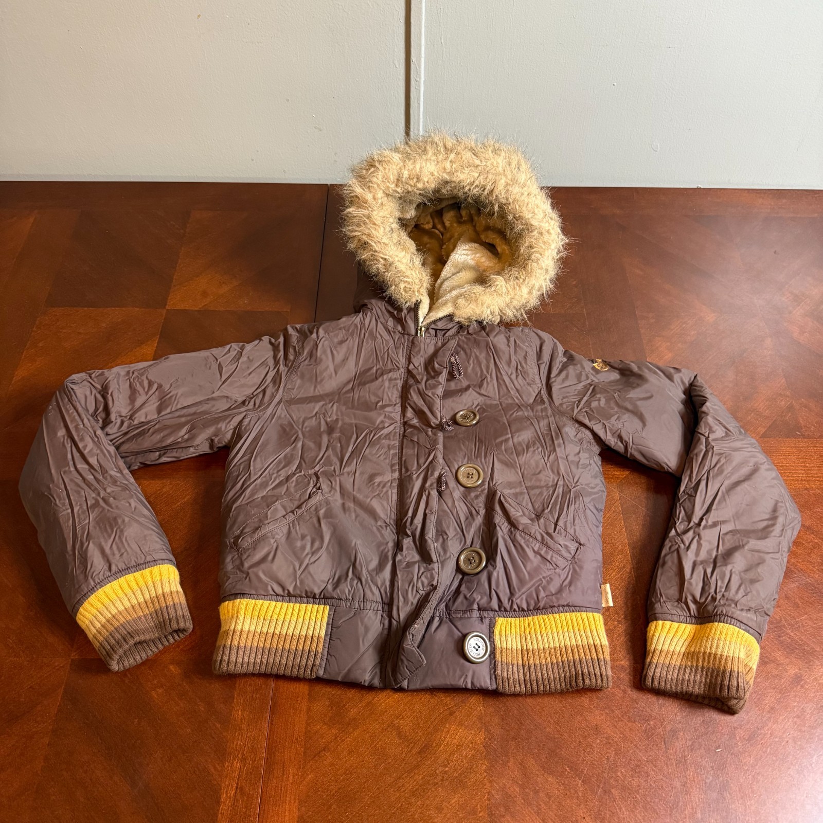 Vintage Y2K Hollister Down Puffer Jacket Womens Medium Faux Fur Hood Preppy Rare