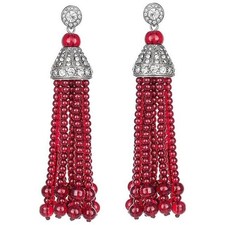 Kenneth Jay Lane KJL COUTURE Ruby Red Tassel Crystal Statement Earrings 3-3/4