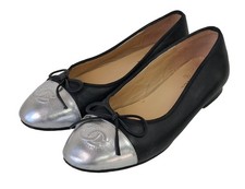 Chanel Ballet Flats Women's EU 37 Black Silver Leather Cap Toe Logo
