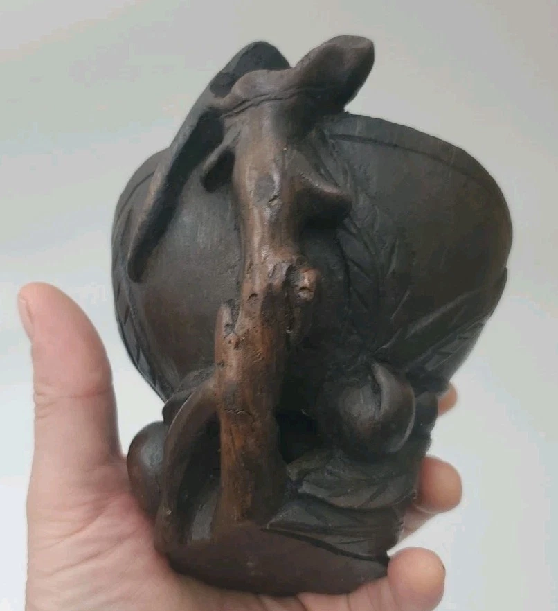 ANTIGUA TAZA DE LIBACIÓN DE MADERA/RAÍZ DE BAMBÚ TALLADA CHINA ANTIGUA LONGEVIDAD MELOCOTÓN Foto 2 de 4