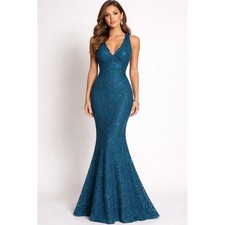 NWT Teal Sequin Lace Mermaid Prom Dress Open Back V-Neck Formal Gown Sz 1/2 Y2k