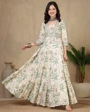 Indian Women Cotton Multi Floral Printed Anarkali Flared Kurta Kurti Long Dress
