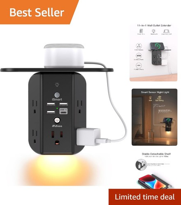 #ad Smart 9 Outlet Wall Extender with Detachable Shelf amp; Night Light for Safety $22.99