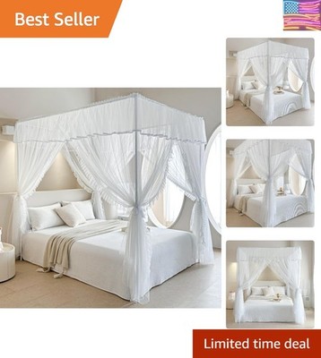 4 Corners Post Ruffle Princess Bed Canopy Curtain - Double Layer Cozy Drape N...
