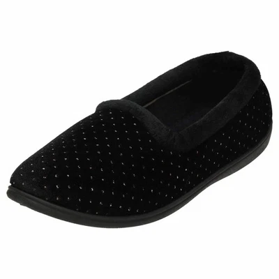 DR LIGHTFOOT Ladies Black Cushioned Slippers Wide Fit Comfort House Shoes Shiny Dots