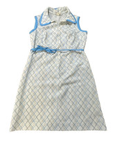 Vintage Womens 70s Geometric Knit Dress Full Zip Sleeveless Belted Blue White