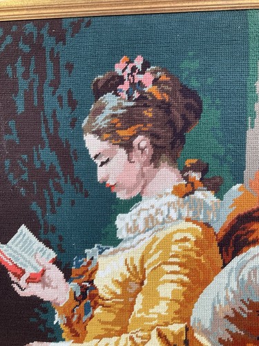 70's Framed Needlepoint Embroidery Young Girl Reading Fragonard 27” X 21” Framed - Picture 6 of 15