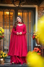 New Indian Look Red Georgette Gown Palazzo With Dupatta For Women  Girls