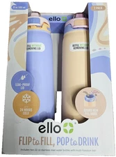 Ello Pop & Fill Stainless Steel Water Bottle, Leak Proof Locking Lid, 22oz, 2pk