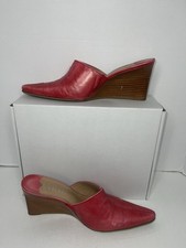 Franco Sarto Women’s Red Leather Pointed-Toe Mules – High-Cut Vamp, Wedge Heel