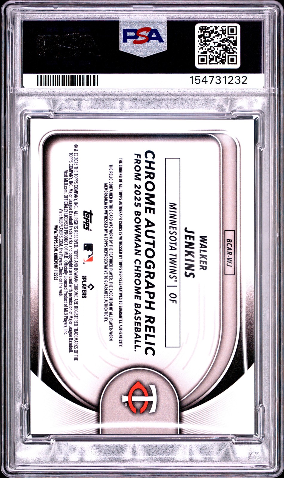 2025 BOWMAN CHROME CHROME AUTO RELICS ORANGE REFRACTOR WALKER JENKINS 3/25 PSA 8 view 2