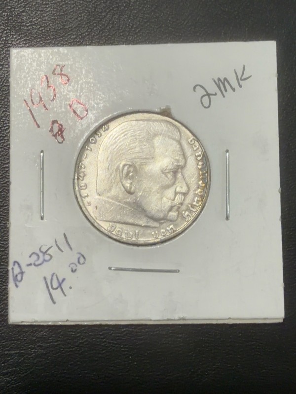 1938 D Germany 2 Reichsmark Silver Coin 62.5% Hindenburg Munich Mint