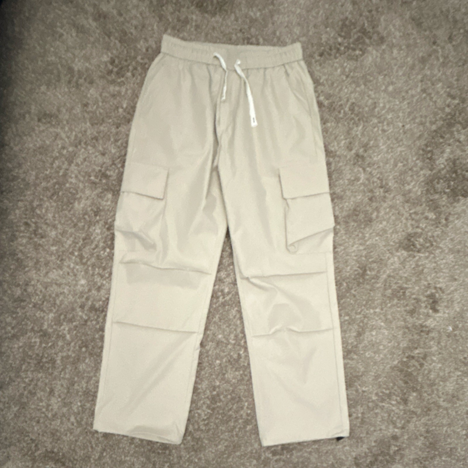 Men's Beige Cotton Cargo Pants Drawstring Waist Pockets Straight Leg Size L