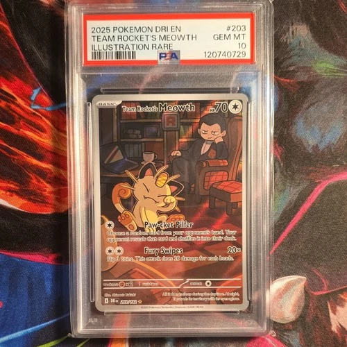 PSA 10 Team Rocket's Meowth 203/182 Sv10 Destined Rivals IR Holo EN 2025