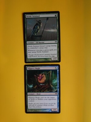 Slippery Bogle & Nettle Sentinel Eventide. Magic the Gathering 2 Karten