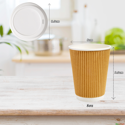 Tazzine da caffè monouso carta kraft increspate tazze e coperchi bevande calde triplo strato - Foto 8 di 9