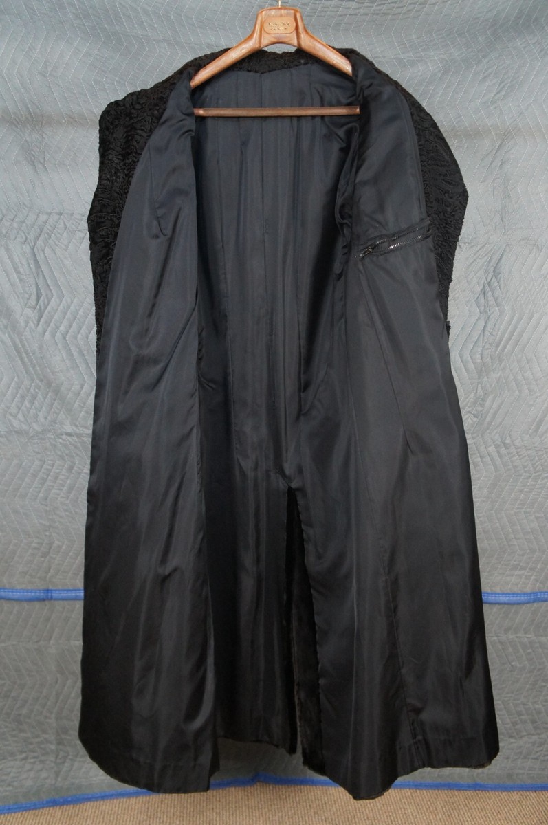 Vintage Black Astrakhan Karakul Sheared Lambs Wool Fur Trench Coat