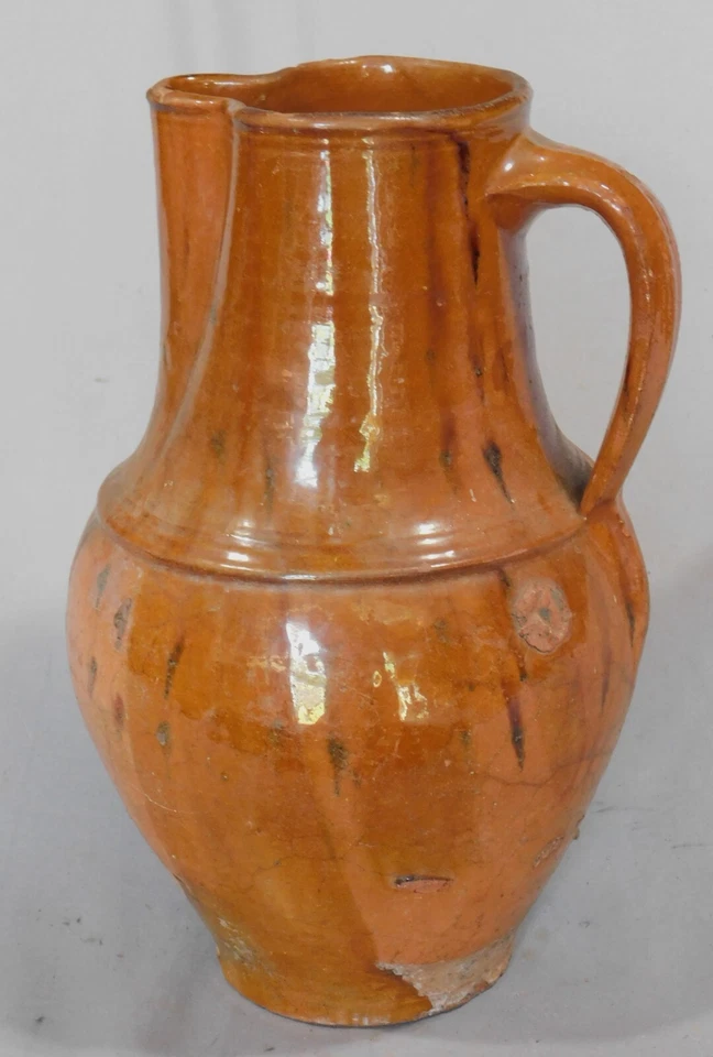 Rare antique redware pitcher manganese drip ear handles early 19th c VA  PA - Image 2 of 4
