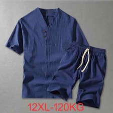 Summer Cotton Linen Shirt Set Men's Casual Outdoor Comfy 2-Pcs Short Sleeve Sets