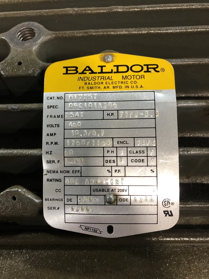 Baldor M1725T Industrial Motor 7-1/2-3.8 HP 1760/1160 RPM 60 Hz 3 PH 254T Frame - Image 2 of 4