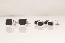 SET Cufflinks and Studs - silver colour  black stone - rectangle head