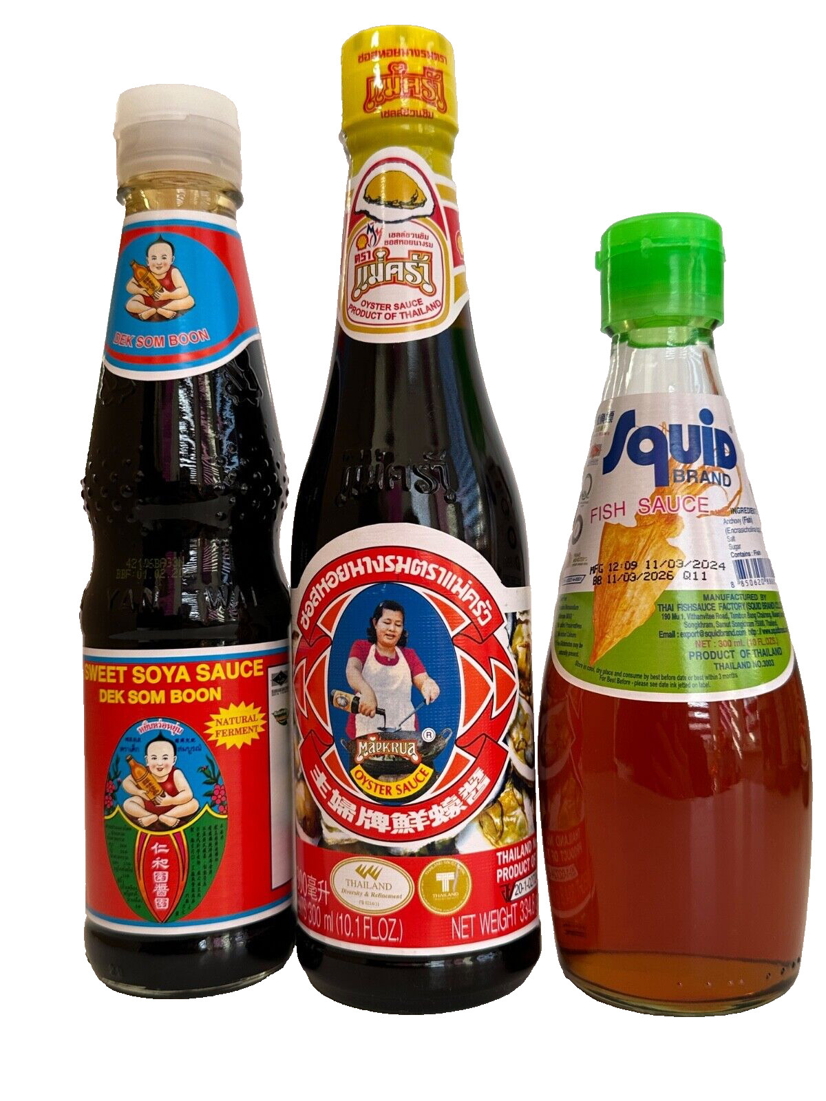 Set 3x Saucen Healthy Boy Süße Sojasauce Squid Fischsauce Maekrua Austernsauce