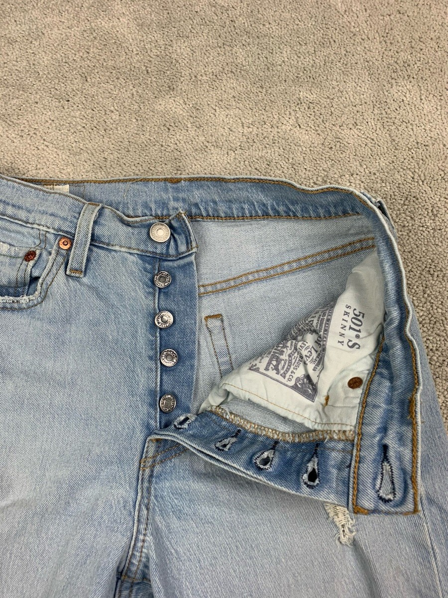 Levis 501 Button Fly XX Women's Skinny Light Blue Jeans Distressed