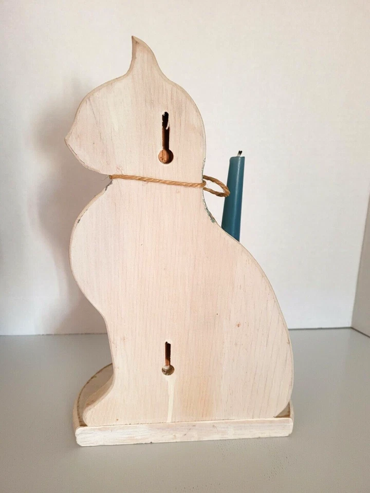 Aplique de Pared o Candelabro Independiente, Forma de Gato, Madera, Blanco y Azul Foto 4 de 4