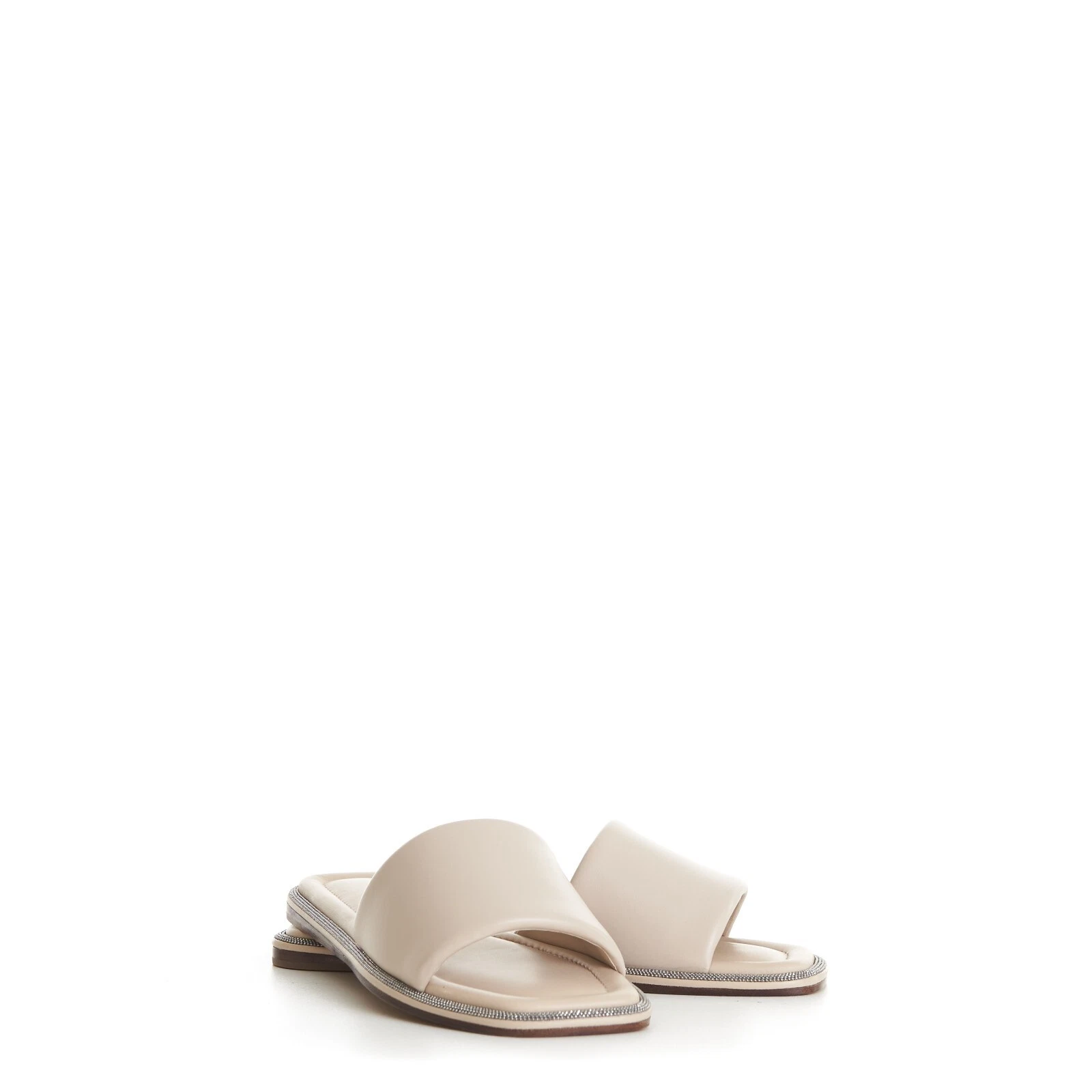 Brunello Cucinelli — BRUNELLO CUCINELLI 895$ Slide Sandal - Sparkling Monili Trim Beige Leather Shoes