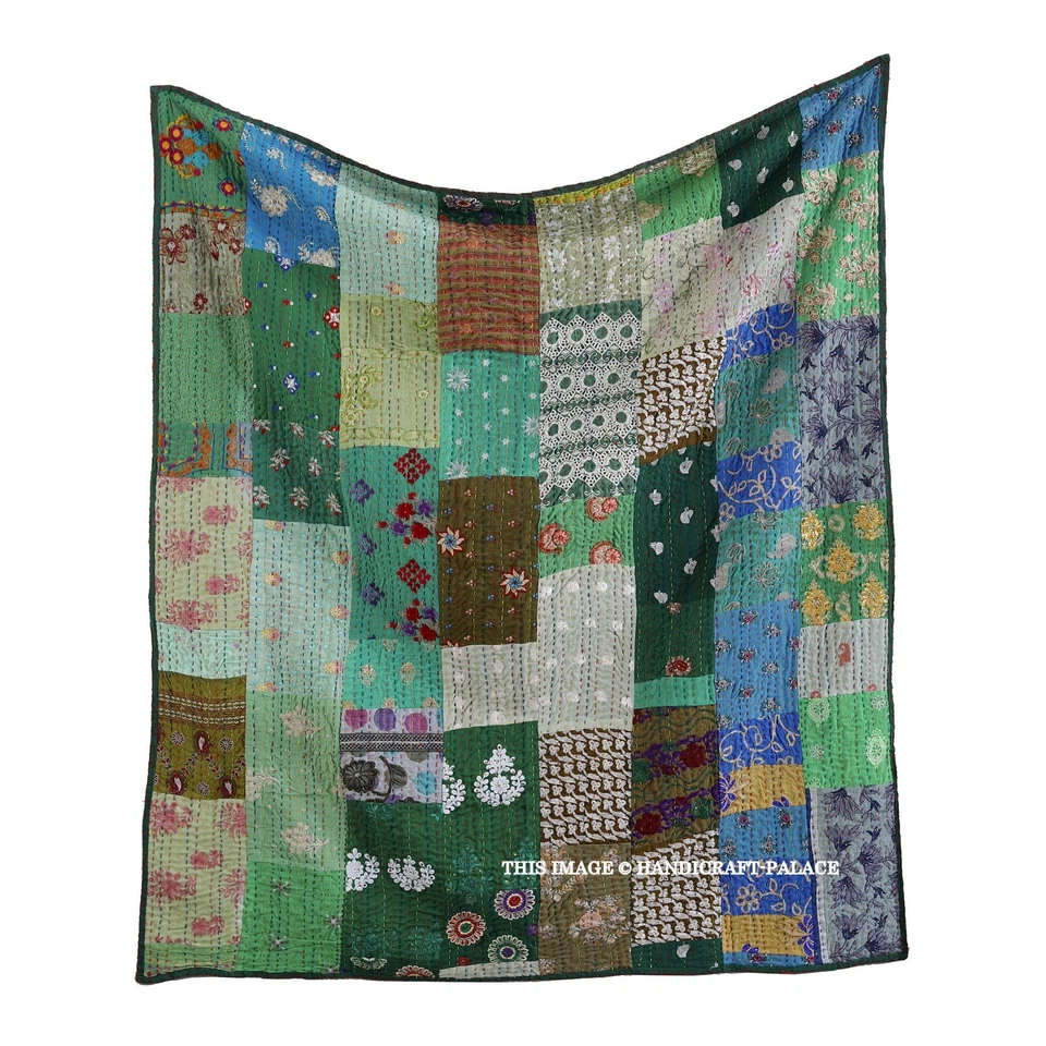 Indian Kantha Throw Large Patchwork Kantha Quilt Green Sofa Blanket Cotton Throw - Image 4 of 4