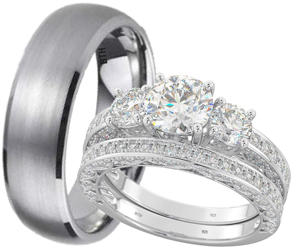 New His And Hers Titanium /925 Sterling Silver Wedding Engagement Ring Band  Set