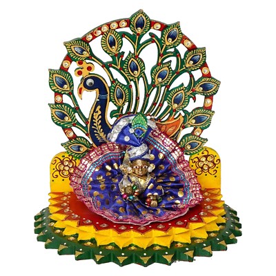 Multicolor Peacock Design Wooden Singhasan for Laddu Gopal Ji