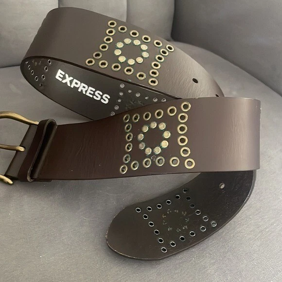 Express MARRÓN CUERO GENUINO LATÓN HEBILLA 2.25"W TACHONADO CORSÉ CINTURÓN MEDIANO Foto 4 de 4