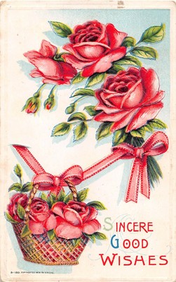 Pink Bows Tying Basket Of Pink Roses To Bouquet Of Pink Roses Old Good Wishes Pc Ebay