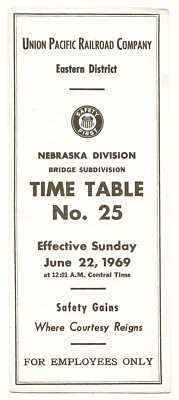 Vintage alte 1969 Union Pacific Railroad NEBRASKA TIME TABLE Eastern District  