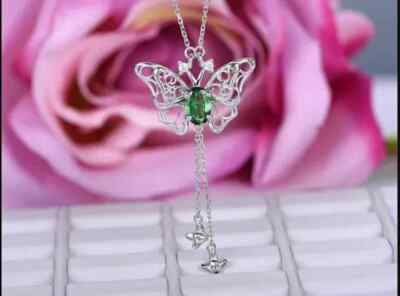 2Ct Oval Cut Lab-Created Emerald Butterfly Pendant 14K White Gold Plated Silver
