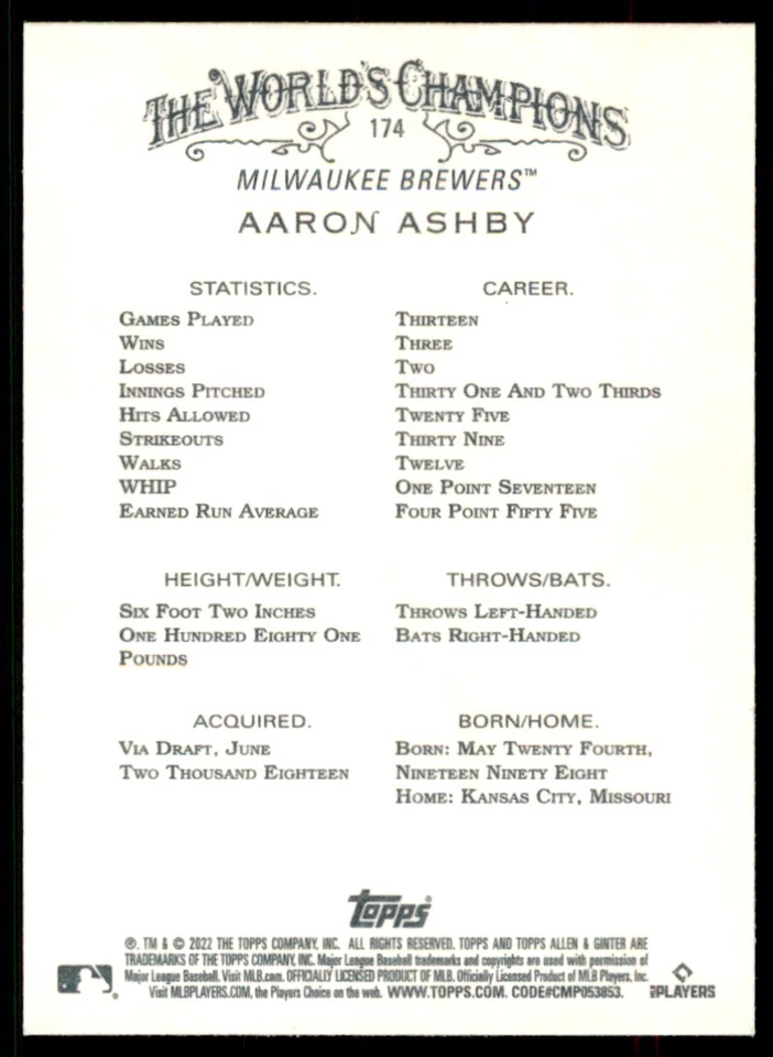 Aaron Ashby 2022 Topps Allen & Ginter Rookie RC Card #174 Milwaukee Brewers - Image 2 of 2