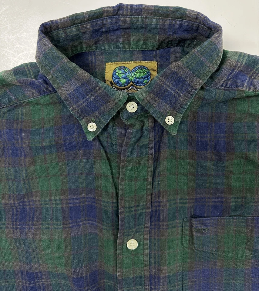 Vintage 90s Button Up Shirt Men Medium Blue Green Plaid Travel Outdoors Grunge - Image 3 of 4