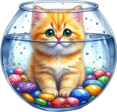 Gelb guckend Katze Kätzchen Fisch Glas Wandkunst Schlafzimmer Vinyl Aufkleber Abziehbild 6 Größen