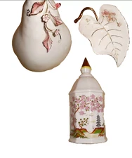 VTG CREAZIONI  ITALIAN PORCELAIN GOLD EDGED PEAR & Leaf Trinket Dish & temple