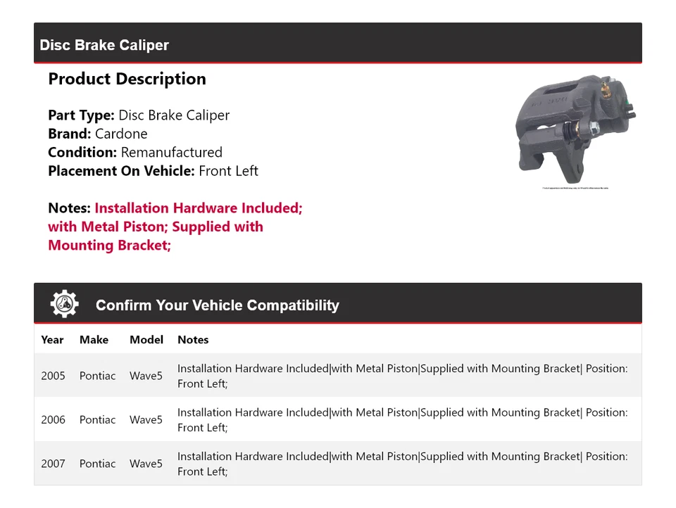 Pinza de freno de disco delantera izquierda cardone 2006 para Pontiac Wave5 2005-2007 Foto 2 de 4