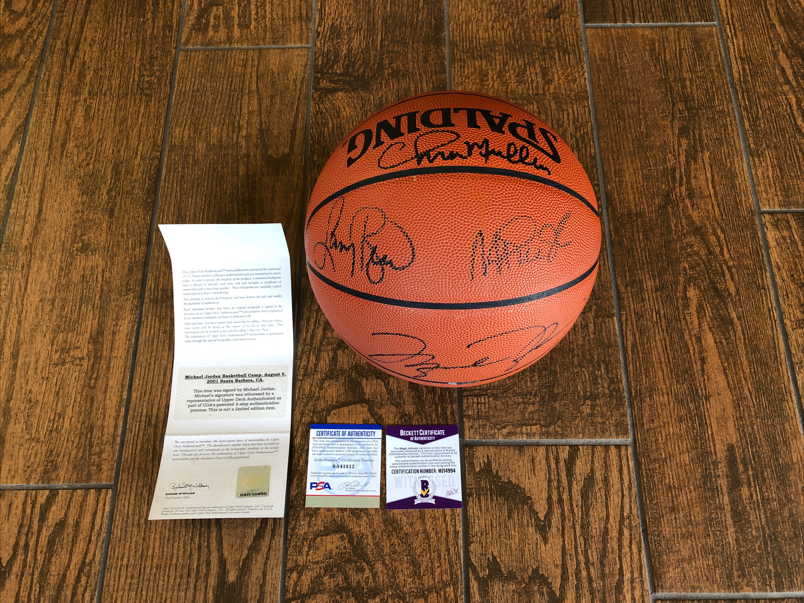 Michael Jordan Bird Mullin & Magic Autographed Official Game Ball UDA PSA BAS