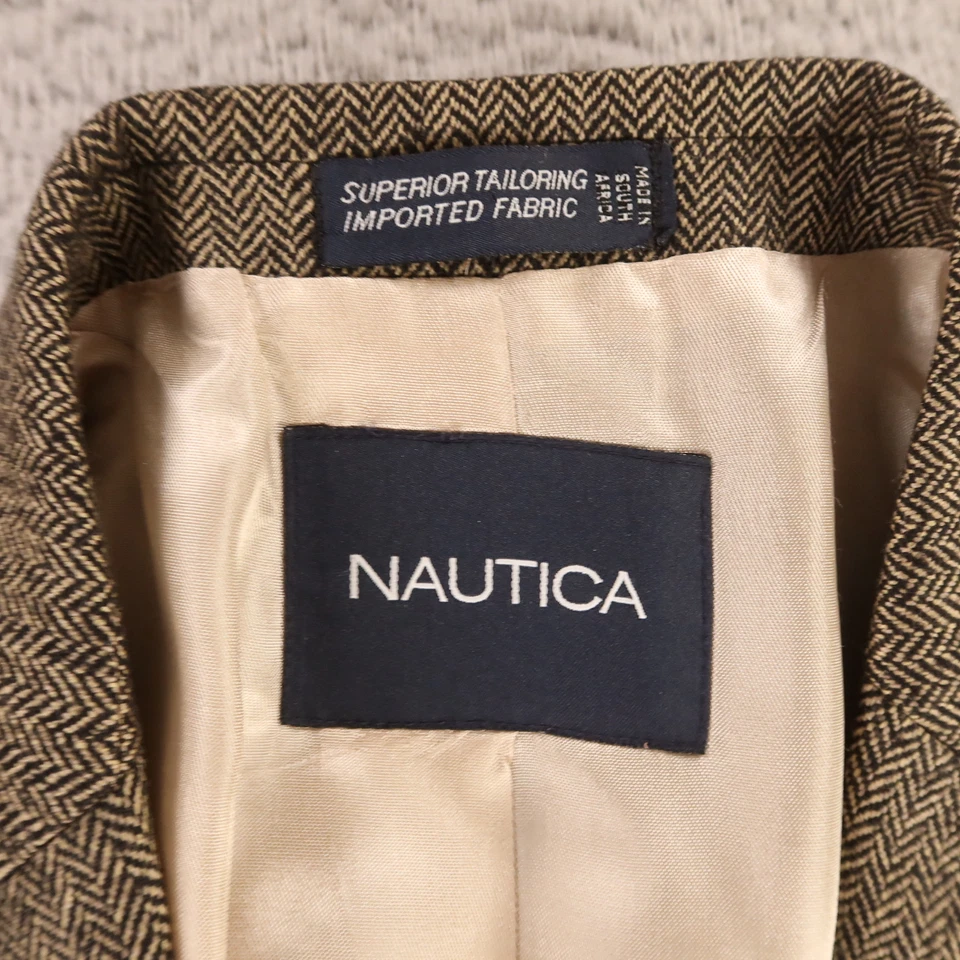 Винтажный Твидовый жакет M бежевый черный узкая елочка шерсти блейзер Nautica 42S - Изображение 3 из 4